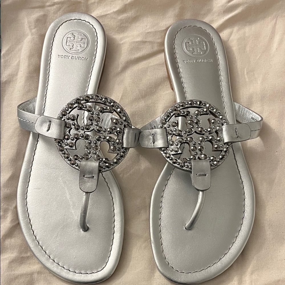 Tory Burch Silver Logo Crystal Thong Sandals